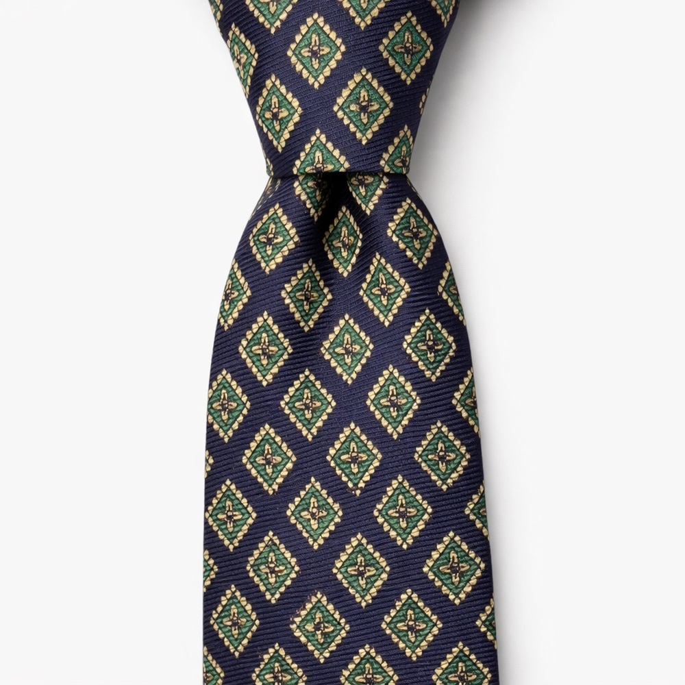 Vintage Polo Ralph Lauren Silk Tie Navy Green Floral Diamond Medallion